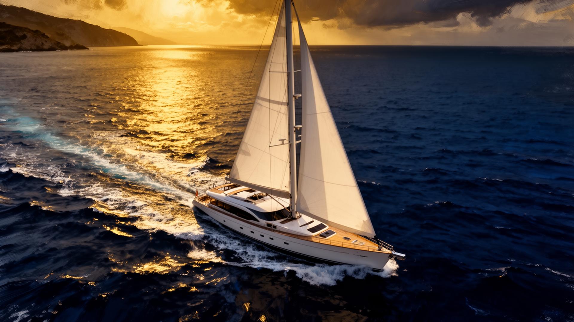 Luxury sailing yacht at golden hour in the Mediterranean